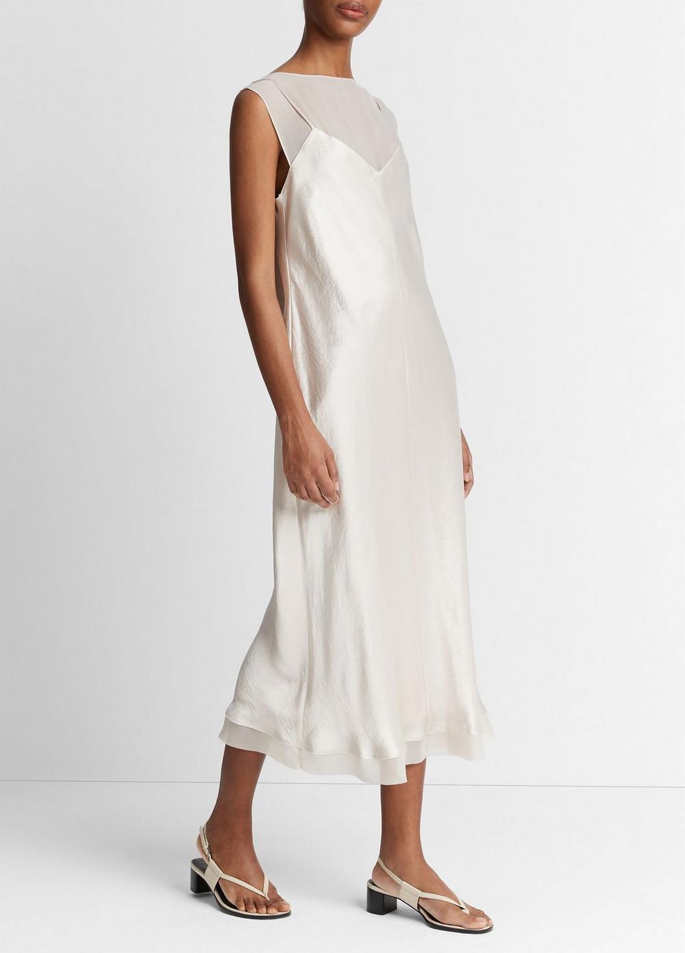 Womens Chiffon-Layered Satin Slip Dress, Champagne, Size L Vince Product Image