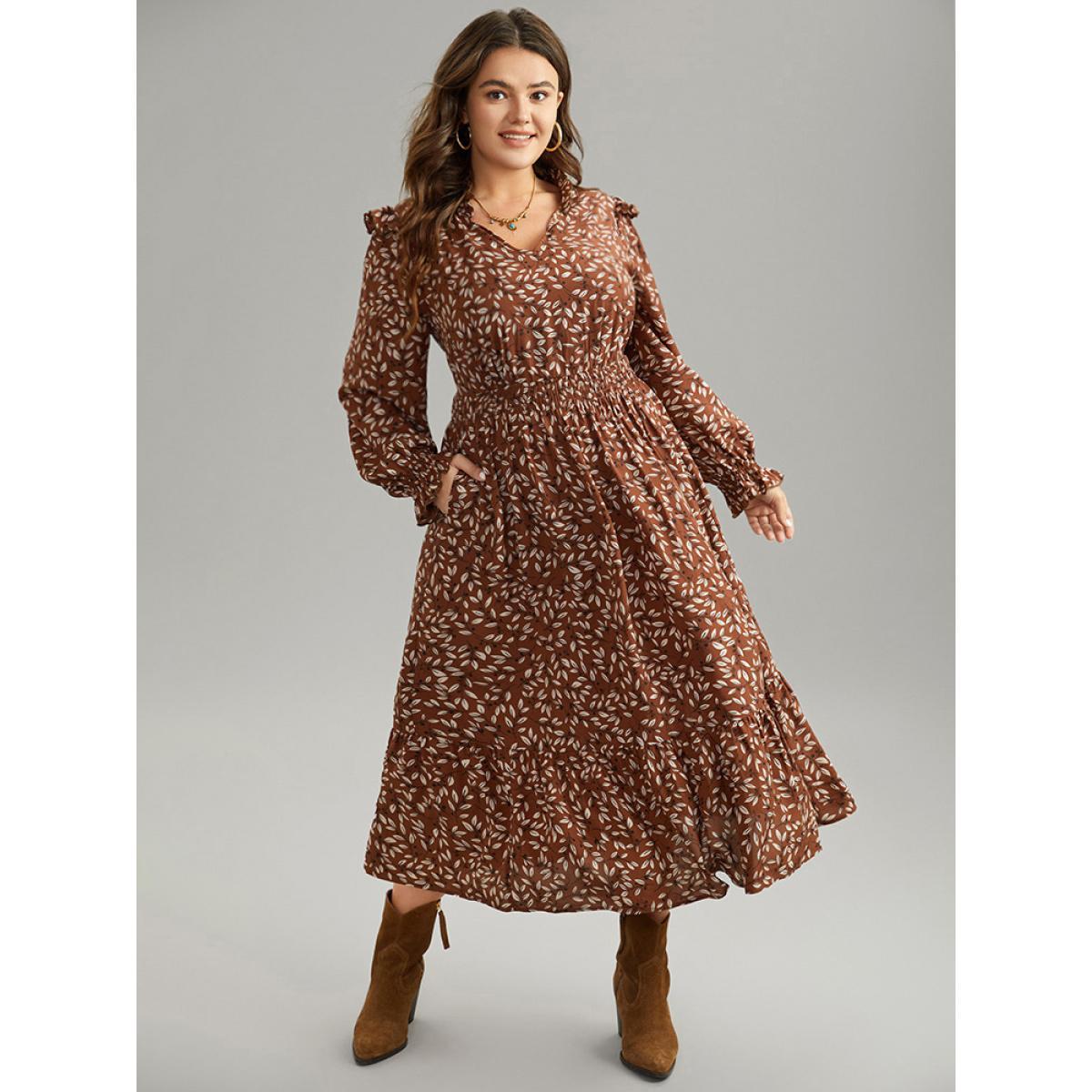 Plus Size Ditsy Floral Flutter Trim Pocket Shirred Dress DarkBrown Women Elegant Printed Notched collar Long Sleeve Curvy Midi Dress BloomChic 22-24/3X Product Image