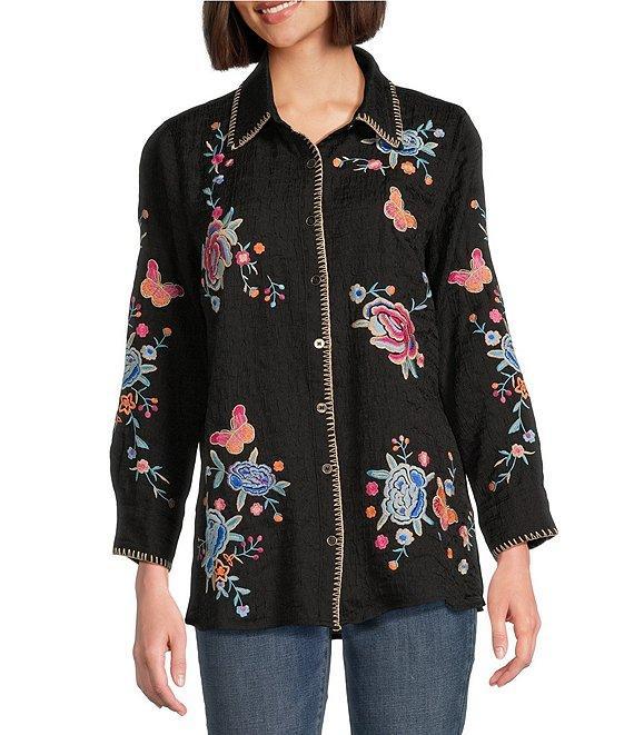 Calessa Floral Embroidered Textured Crinkle Point Collar Long Sleeve Button-Front Shirt Product Image