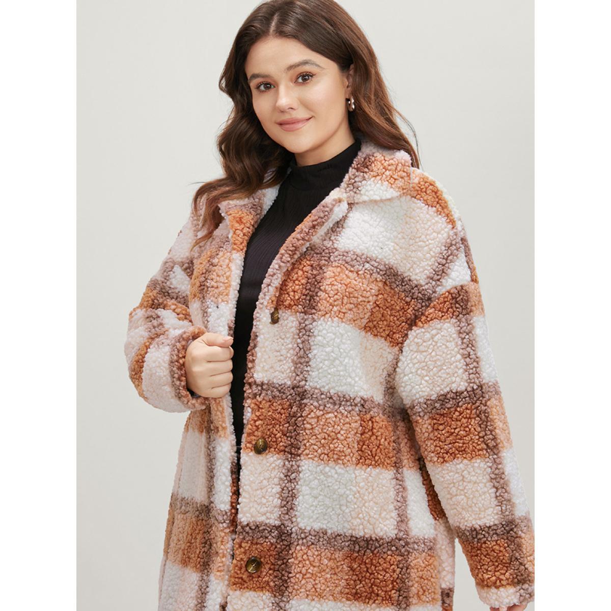 Plus Size Plaid Pocket Button Up Teddy Coat Women Multicolor Casual Button Loose Ladies Dailywear Winter Coats BloomChic 30/6X Product Image