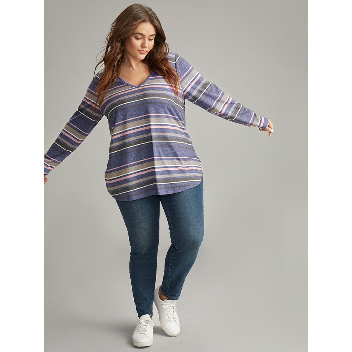 Plus Size Striped Contrast Heather Arc Hem T-shirt Indigo Women Casual Heather Striped V-neck Everyday T-shirts BloomChic 18-20/2X Product Image