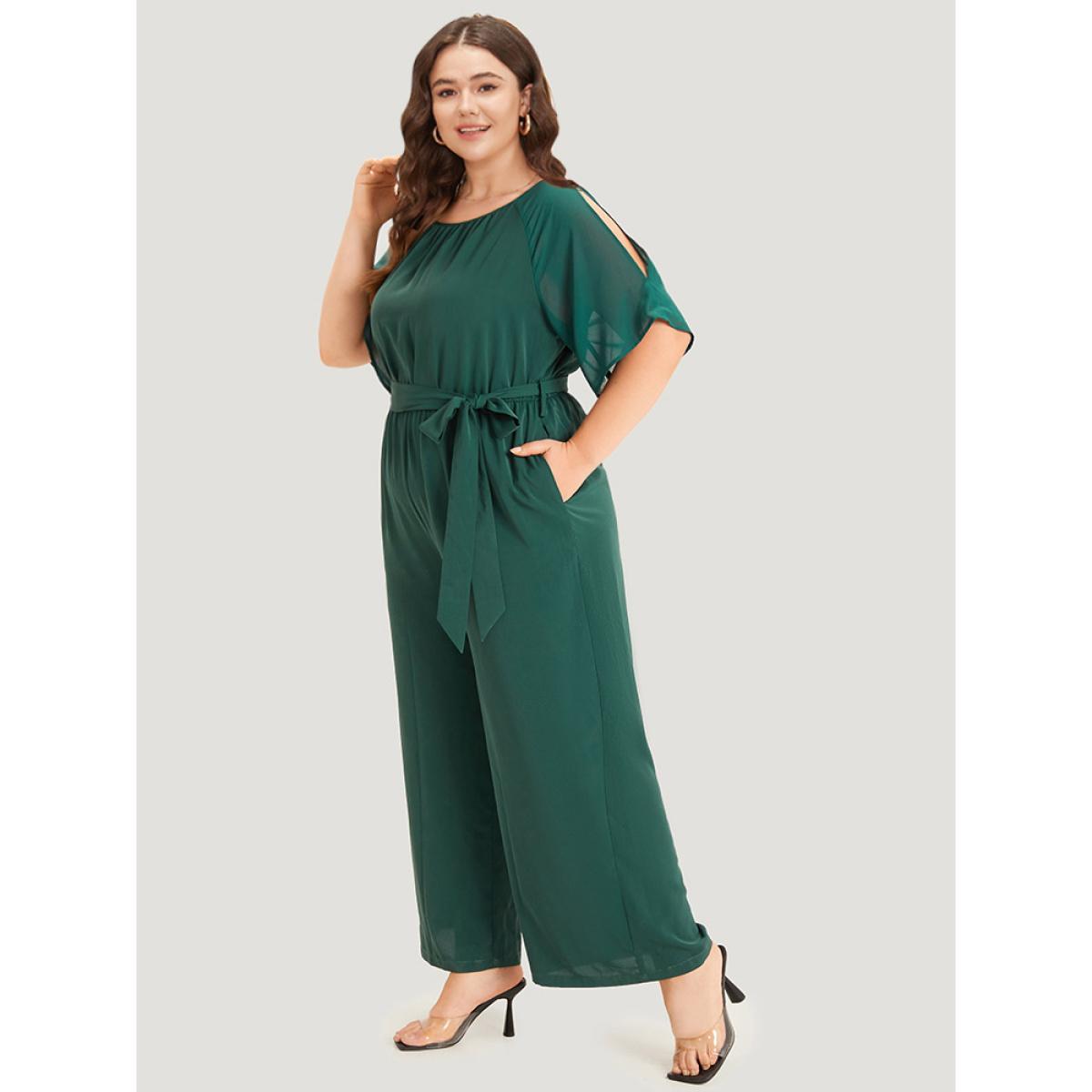 Plus Size DarkGreen Solid Belted Pocket Cut Out Zipper Jumpsuit Women Office Short sleeve Round Neck Work Loose Jumpsuits BloomChic 12/L Product Image