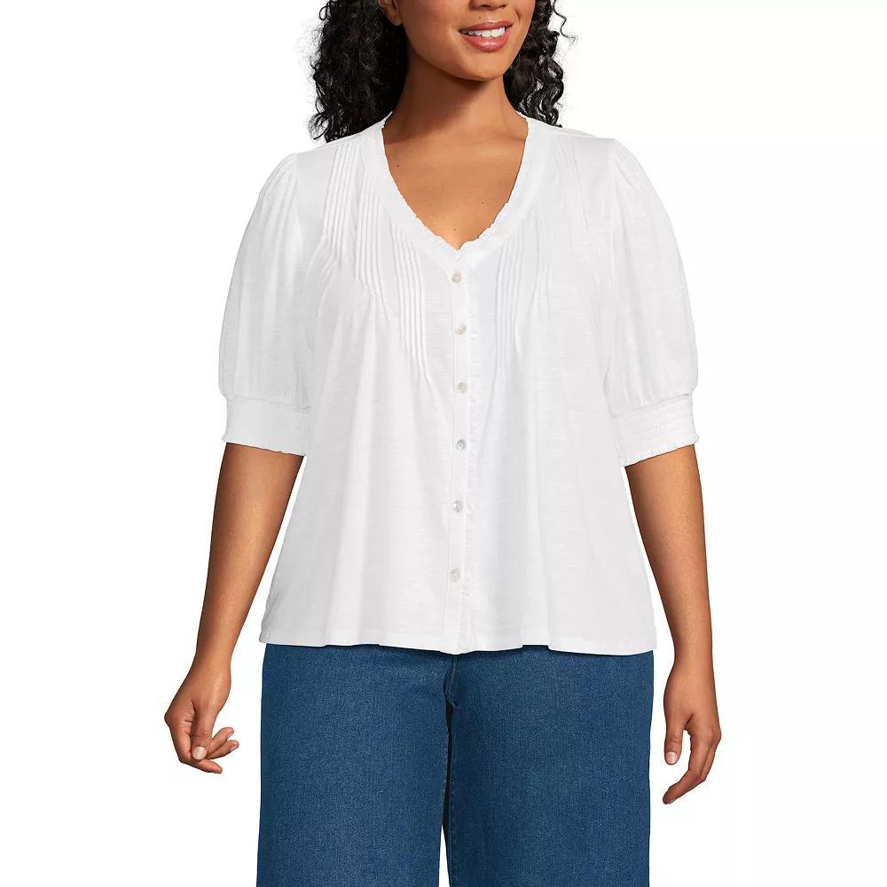 Plus Size Lands' End Button Pintuck Puff Sleeve Top, Women's, Size: 2XL, Sweet Orange Product Image