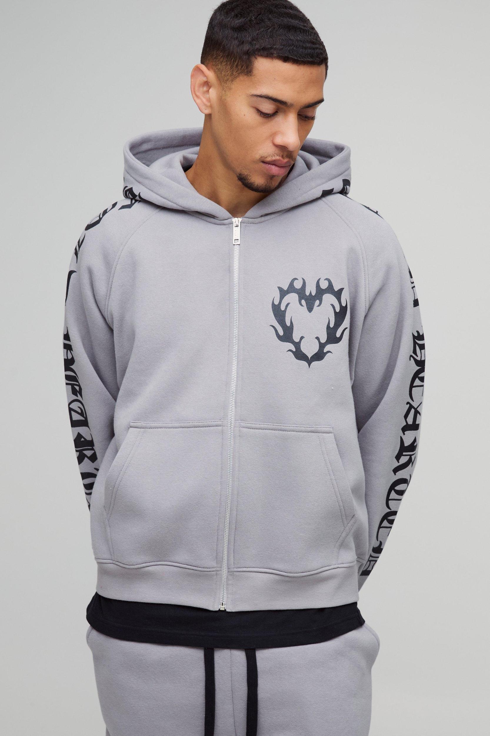 Oversized Boxy Gothic Heart Print Zip Through Gusset Hooded Tracksuit | boohooMAN USA Product Image