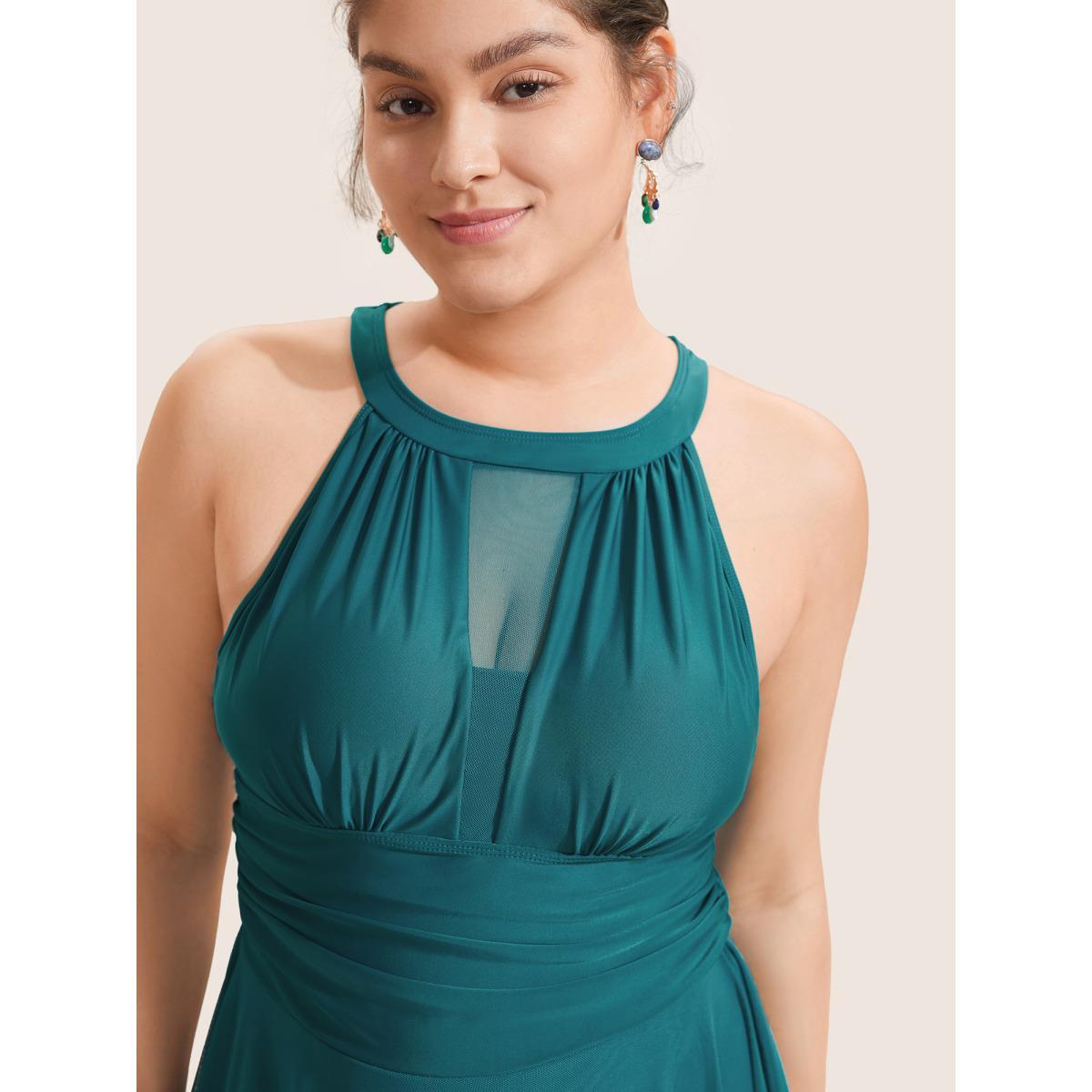 Plus Size Knotted Back Mesh Insert Halter Swim Dress Women's Swimwear Aegean Beach Bodycon Round Neck High stretch Curve Swim Dresses BloomChic 30/6X Product Image