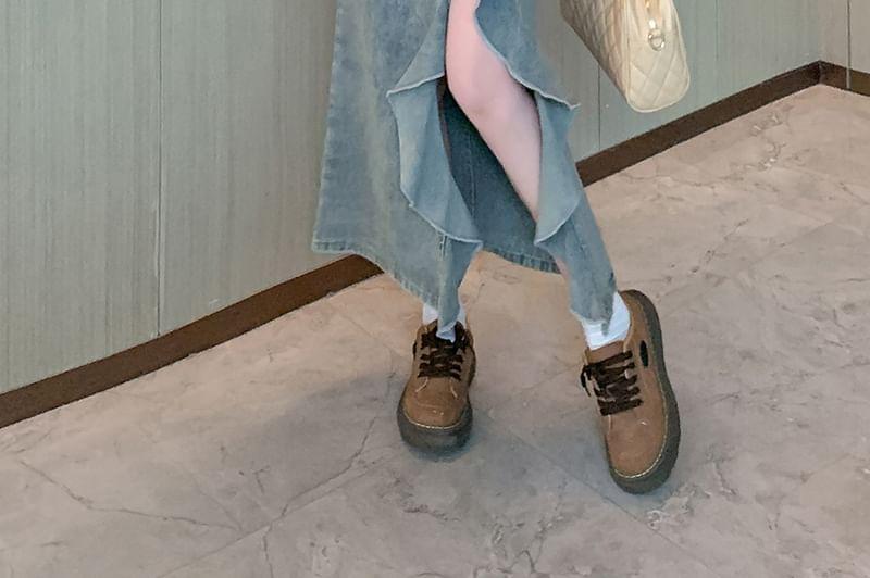 High Rise Washed Denim Maxi Fishtail Skirt Product Image