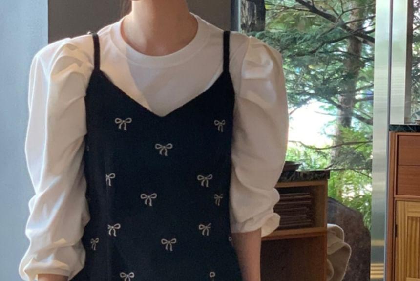 Puff Sleeve Round Neck Plain Top / Spaghetti Strap V-Neck Bow Print Corduroy A-Line Dress Product Image