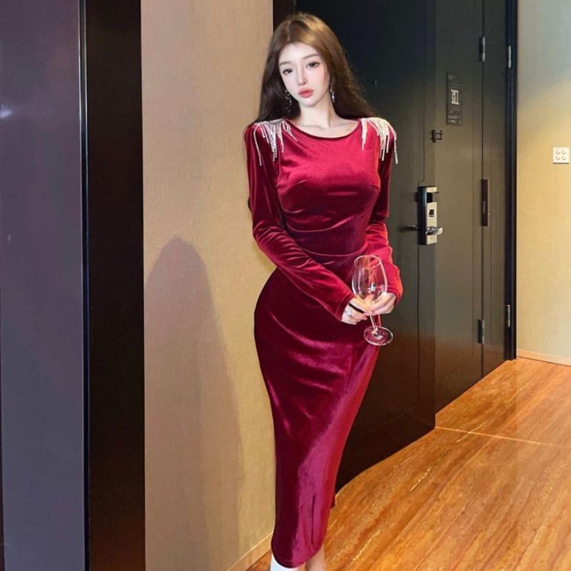 Long-Sleeve Rhinestone Panel Midi Velvet Bodycon Dress Product Image