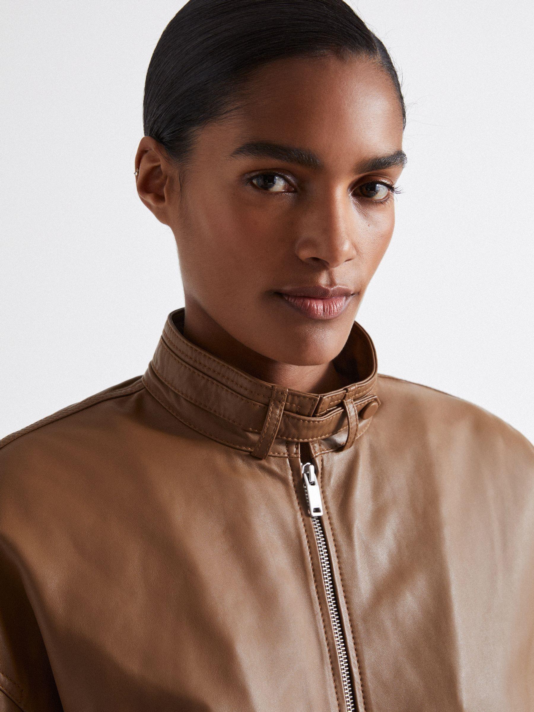 Atelier Leather Latched-Collar Bomber Jacket in Tan Product Image