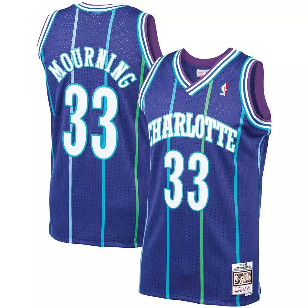 Mens Mitchell & Ness Alonzo Mourning Purple Charlotte Hornets Hardwood Classics Swingman Jersey Product Image