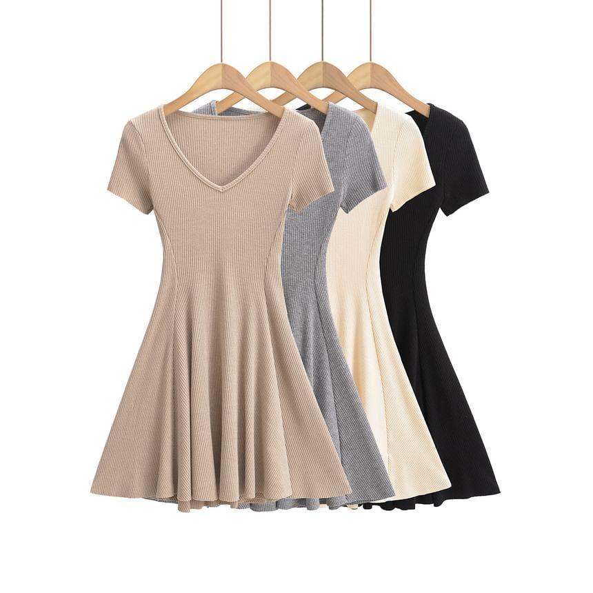 Short-Sleeve V-Neck Plain Ribbed Mini A-Line Dress Product Image