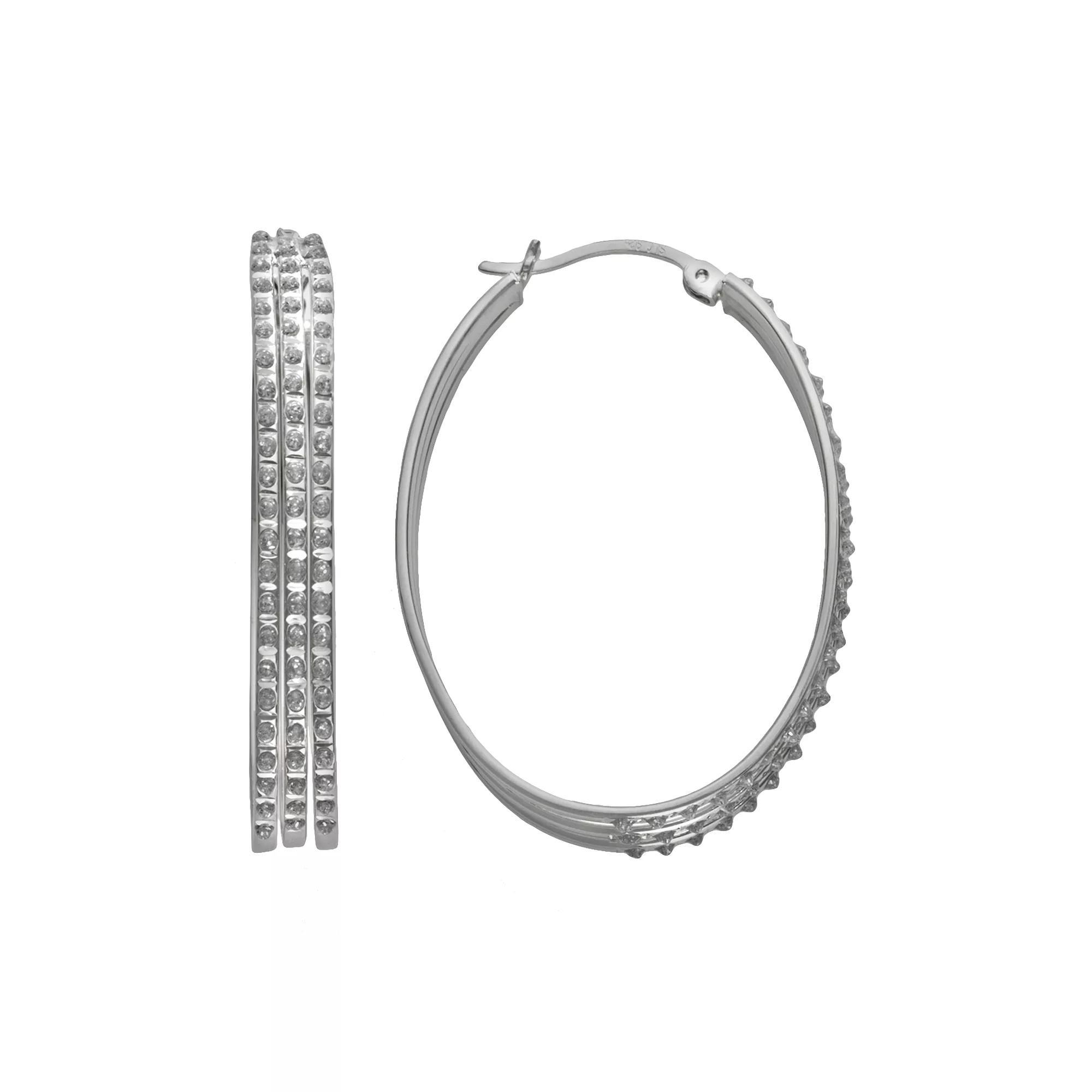Diamond Mystique Platinum Over Silver Diamond Accent Oval Hoop Earrings, Womens Product Image
