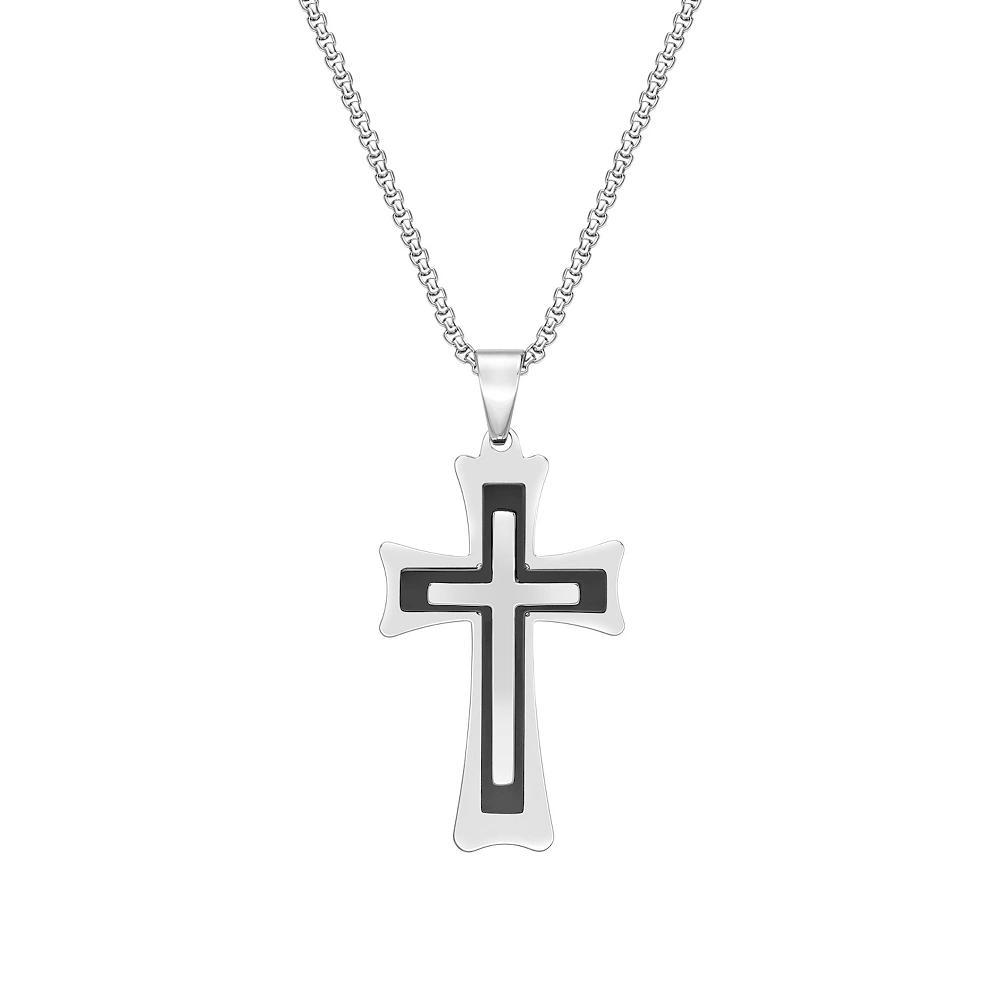 Men's LYNX Black Ion-Plated Stainless Steel 3 Layer Cross Pendant Necklace, Size: 22", Two Tone Product Image