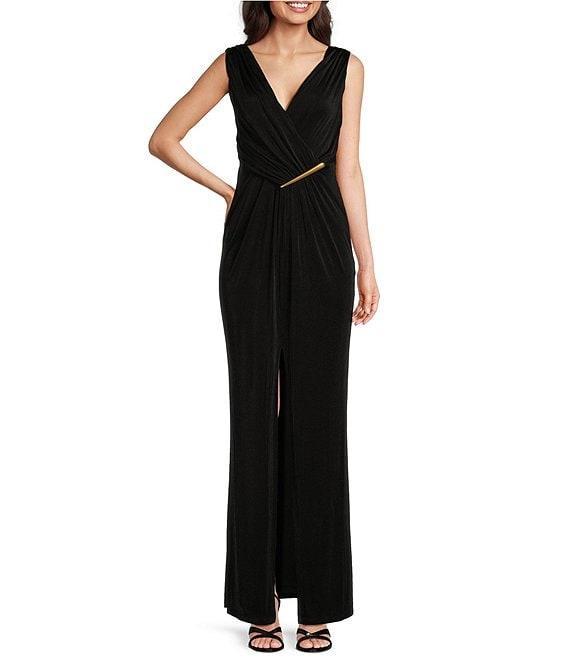 Donna Karan V-Neck Sleeveless Ruched Gold Broach Sheath Dress Product Image
