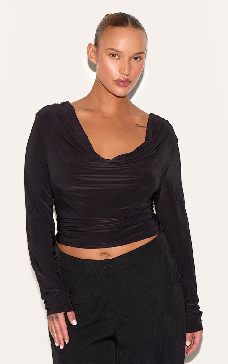 Plus Black Cowl Neck Long Sleeve Slinky Top Product Image