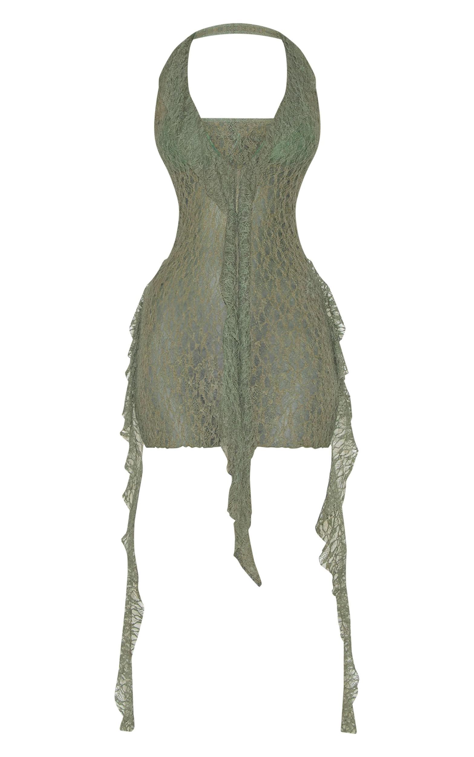 Khaki Lace Frill Detail Mini Beach Dress Product Image