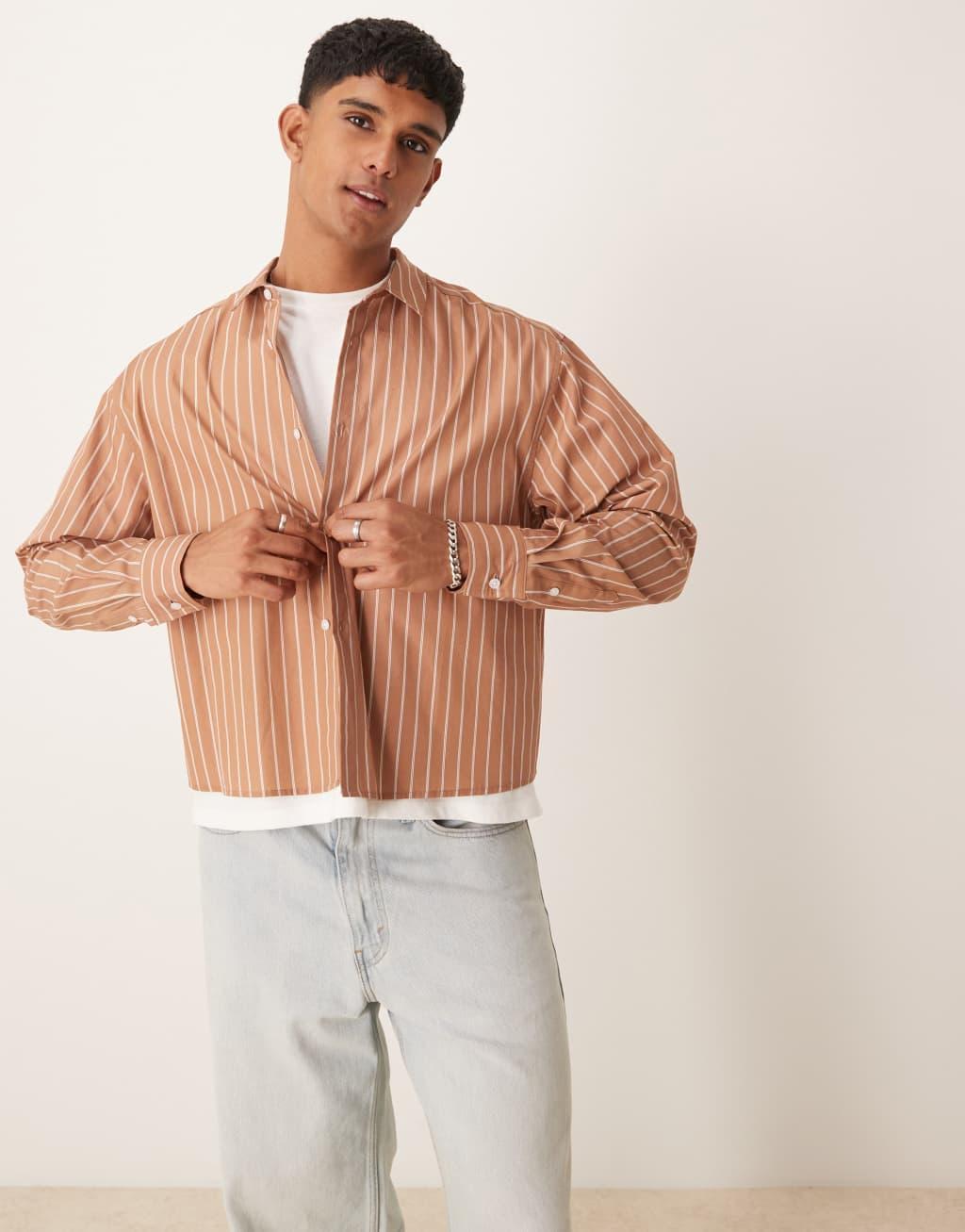 ASOS DESIGN oversized cropped shirt in brown stripe Product Image