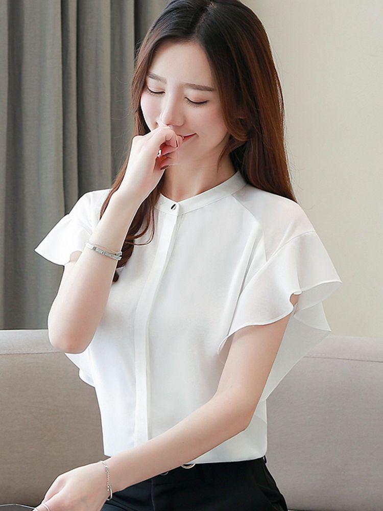 Flutter Sleeve Band Collar Plain Chiffon Shirt Product Image