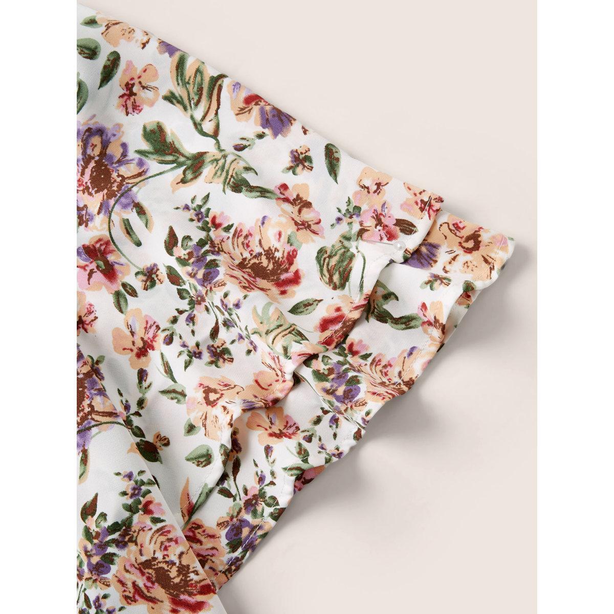 Plus Size Ivory Floral Print Tiered Flutter Sleeve Blouse Women Elegant Half Sleeve Round Neck Everyday Blouses BloomChic 22-24/3X Product Image