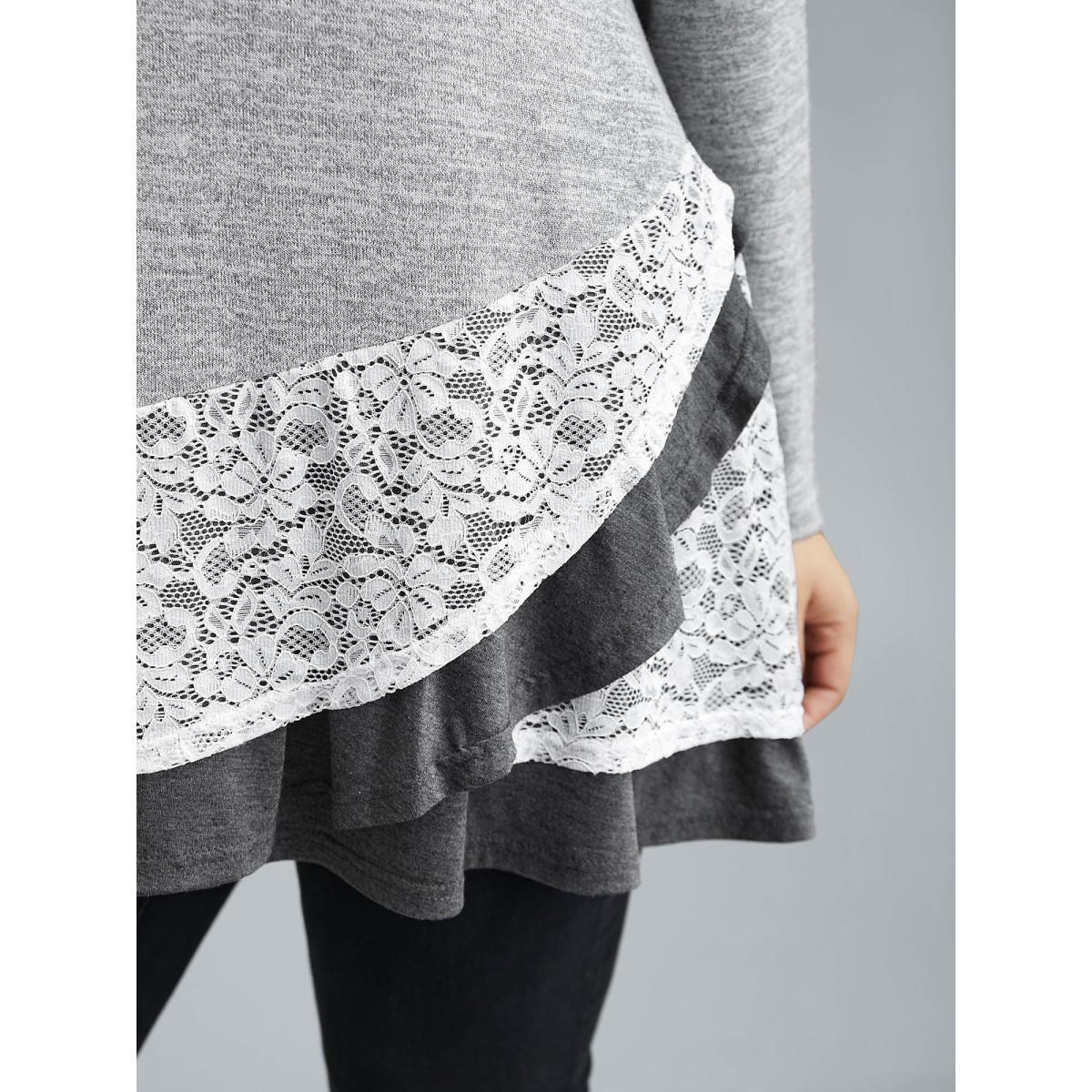 Plus Size Lace Overlap Hem Round Neck T-Shirt LightGray Women Casual Overlapping Round Neck Everyday T-shirts BloomChic 22-24/3X Product Image
