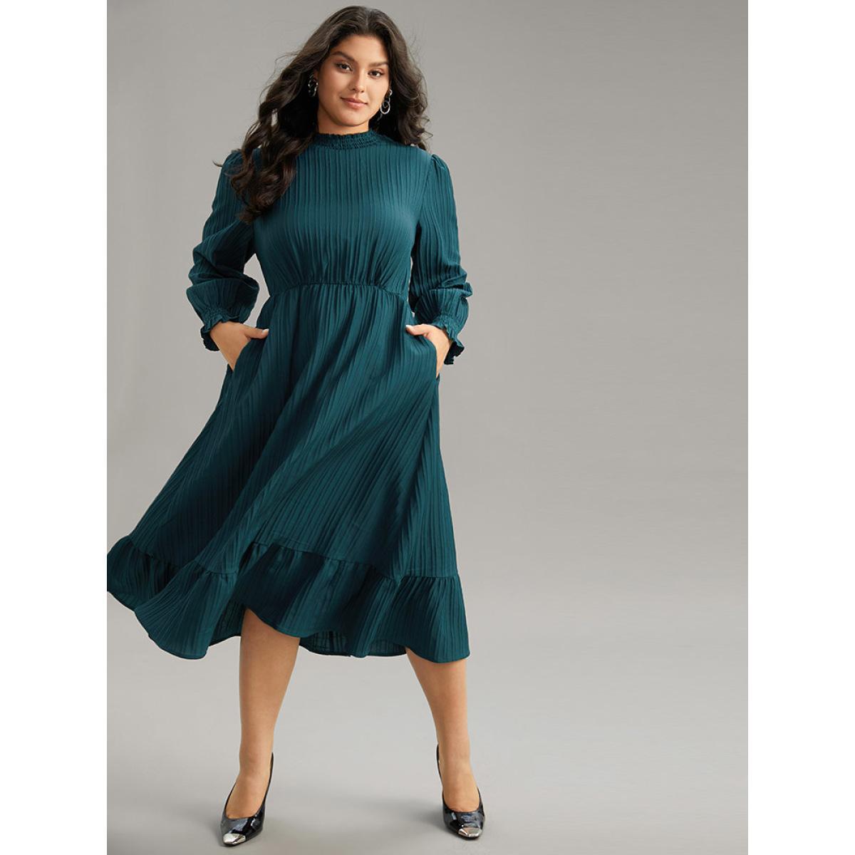 Plus Size Plain Texture Elastic Waist Frill Trim Shirred Dress Emerald Women Office Texture Mock Neck Long Sleeve Curvy Midi Dress BloomChic 18-20/2X Product Image