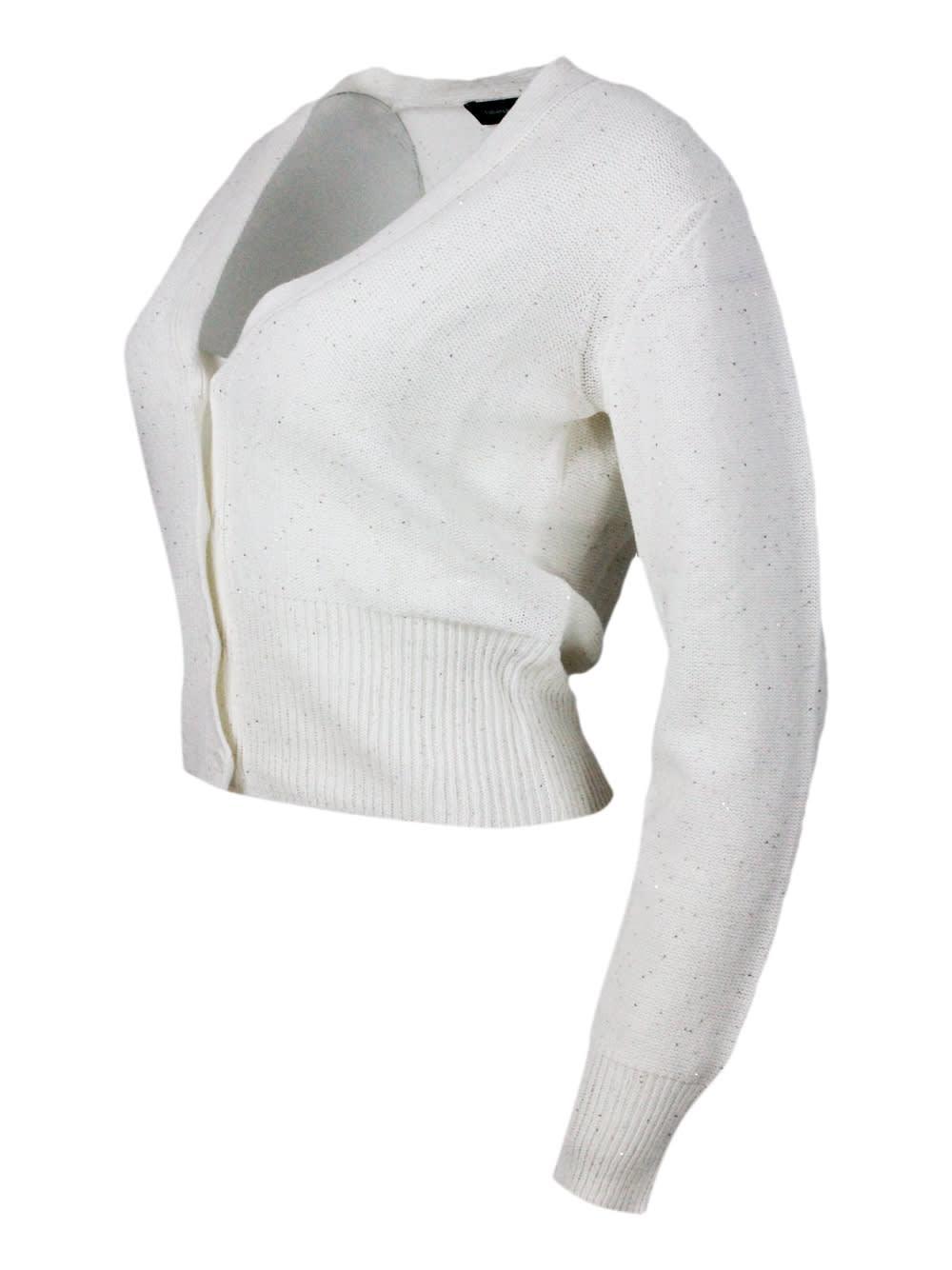 FABIANA FILIPPI Cardigan Sweater With Button Closure Embellished With Brilliant Applied Microsequins In Cream Product Image