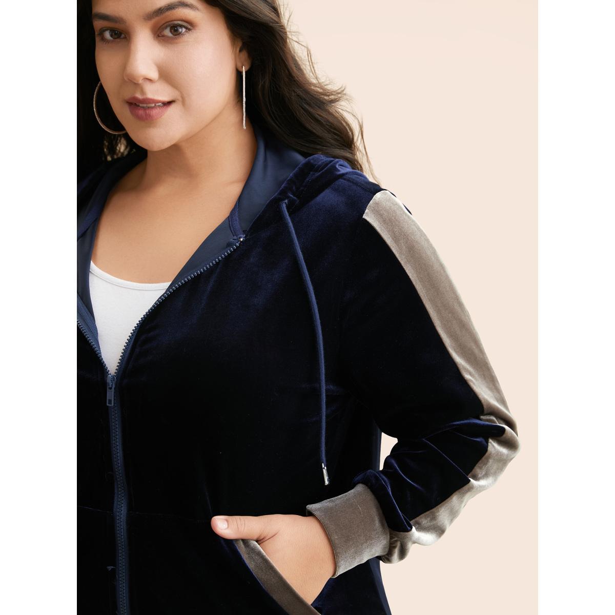 Plus Size Velvet Contrast Patchwork Hooded Sweatshirt Women Midnight Casual Contrast Hooded Everyday Sweatshirts BloomChic 26/4X Product Image