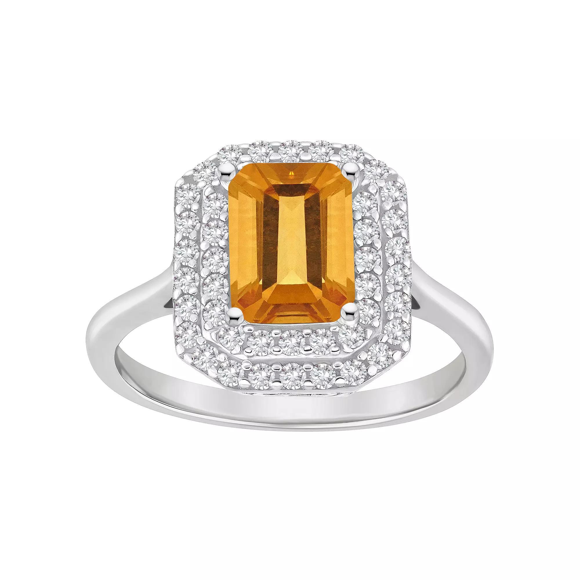 Celebration Gems Sterling Silver Emerald-Cut Citrine & White Topaz Double Halo Ring, Women's, Size: 5 Product Image