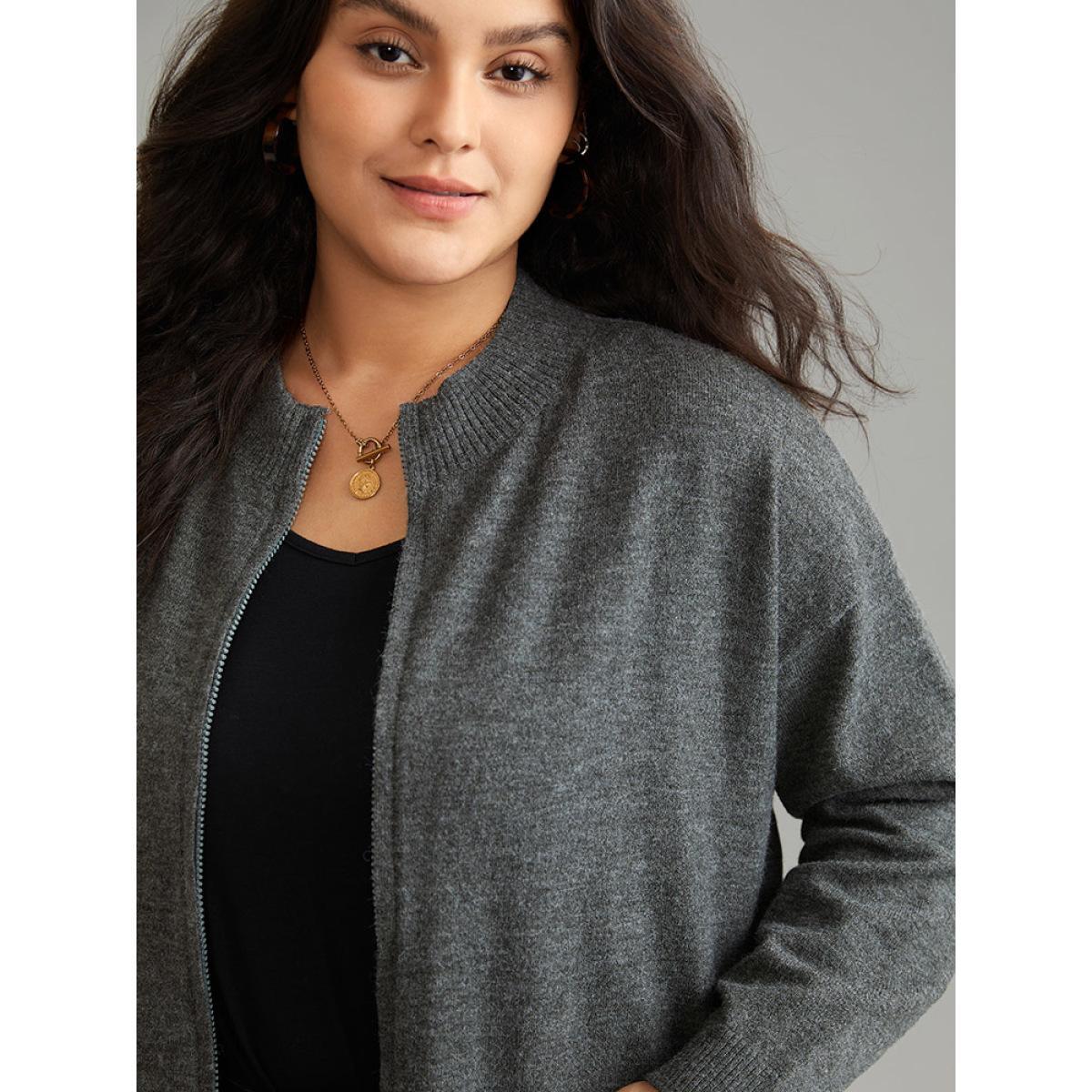 Plus Size Anti-Pilling Zipper Fly Patched Pocket Cardigan DimGray Women Casual Loose Long Sleeve Dailywear Cardigans BloomChic 22-24/3X Product Image