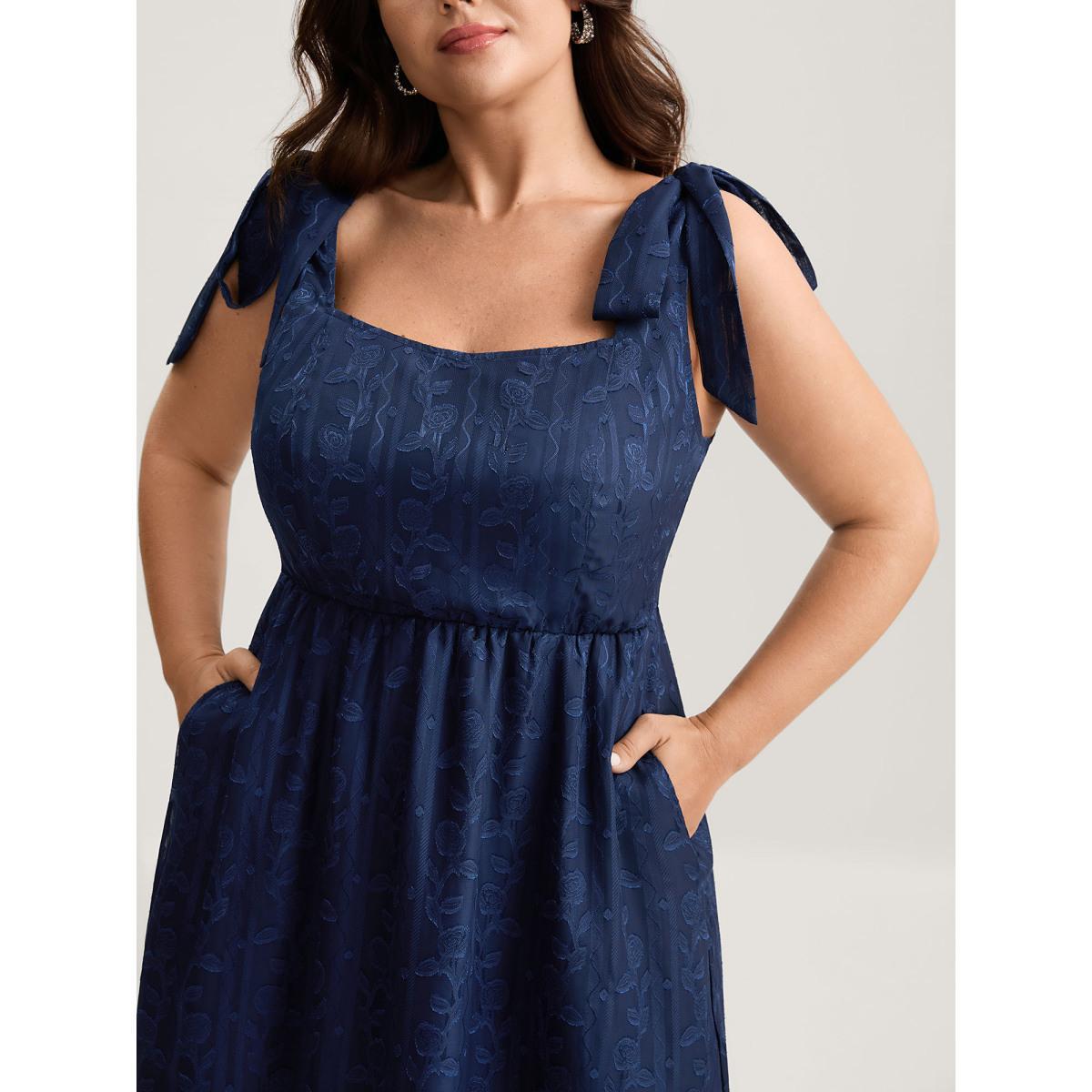 Plus Size Textured Shoulder Tie Cami Midi Dress DarkBlue Women Heart neckline Sleeveless Curvy BloomChic 22-24/3X Product Image