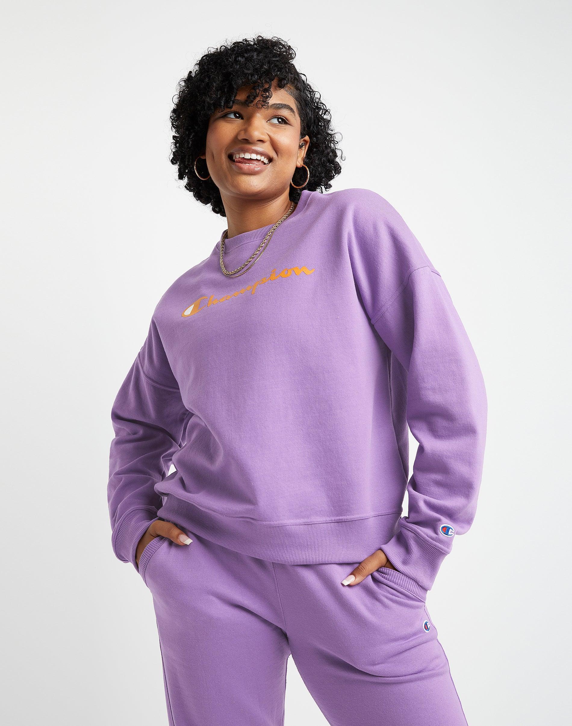 Womens Champion Powerblend Crewneck Sweatshirt, Script Logo Deep Dazzling Blue XS Product Image