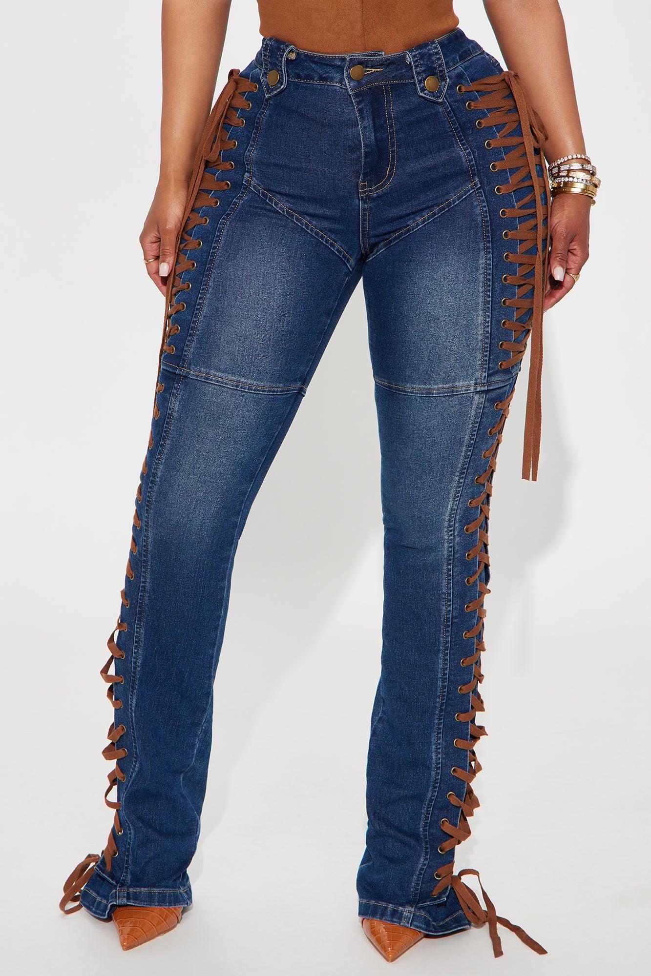 Jaw Dropper Stretch Lace Up Bootcut Jeans - Dark Wash Product Image