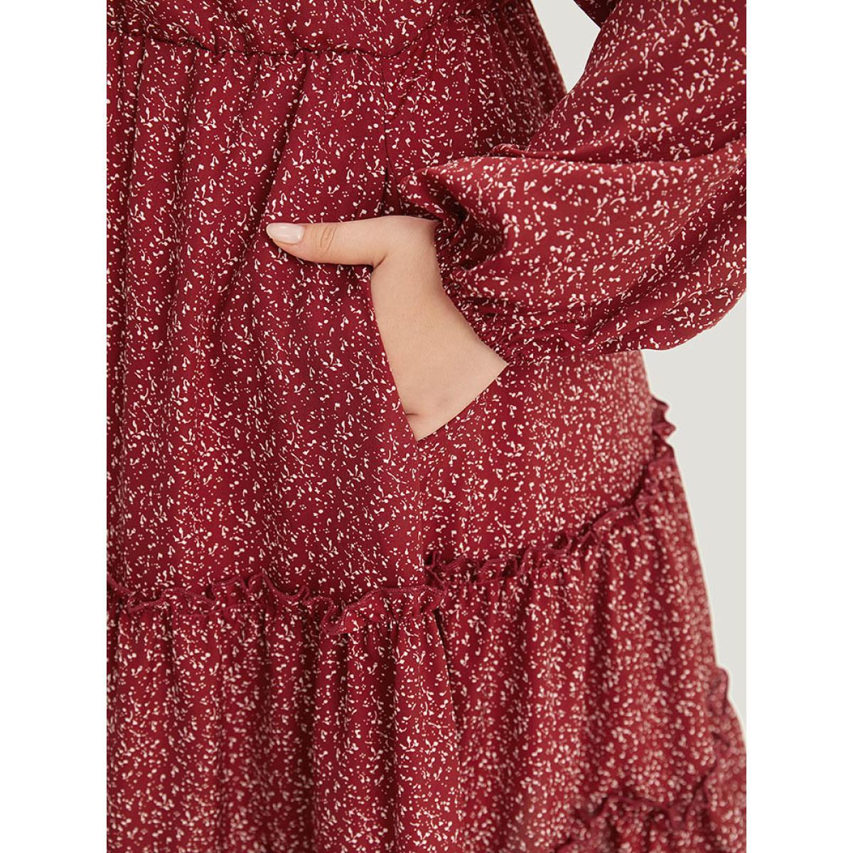 Plus Size Ditsy Floral V Neck Lantern Sleeve Ruffle Layered Hem Dress Scarlet Women Elegant Elastic cuffs V-neck Long Sleeve Curvy Midi Dress BloomChic 30/6X Product Image