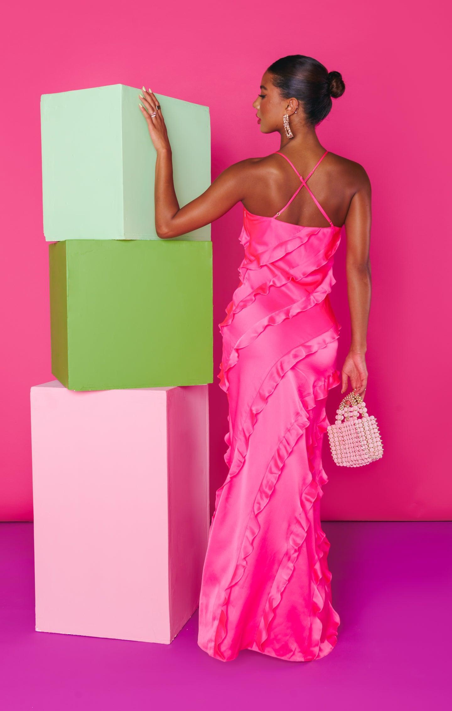 Romance Ruffle Dress ~ Vivid Pink Luxe Satin Product Image