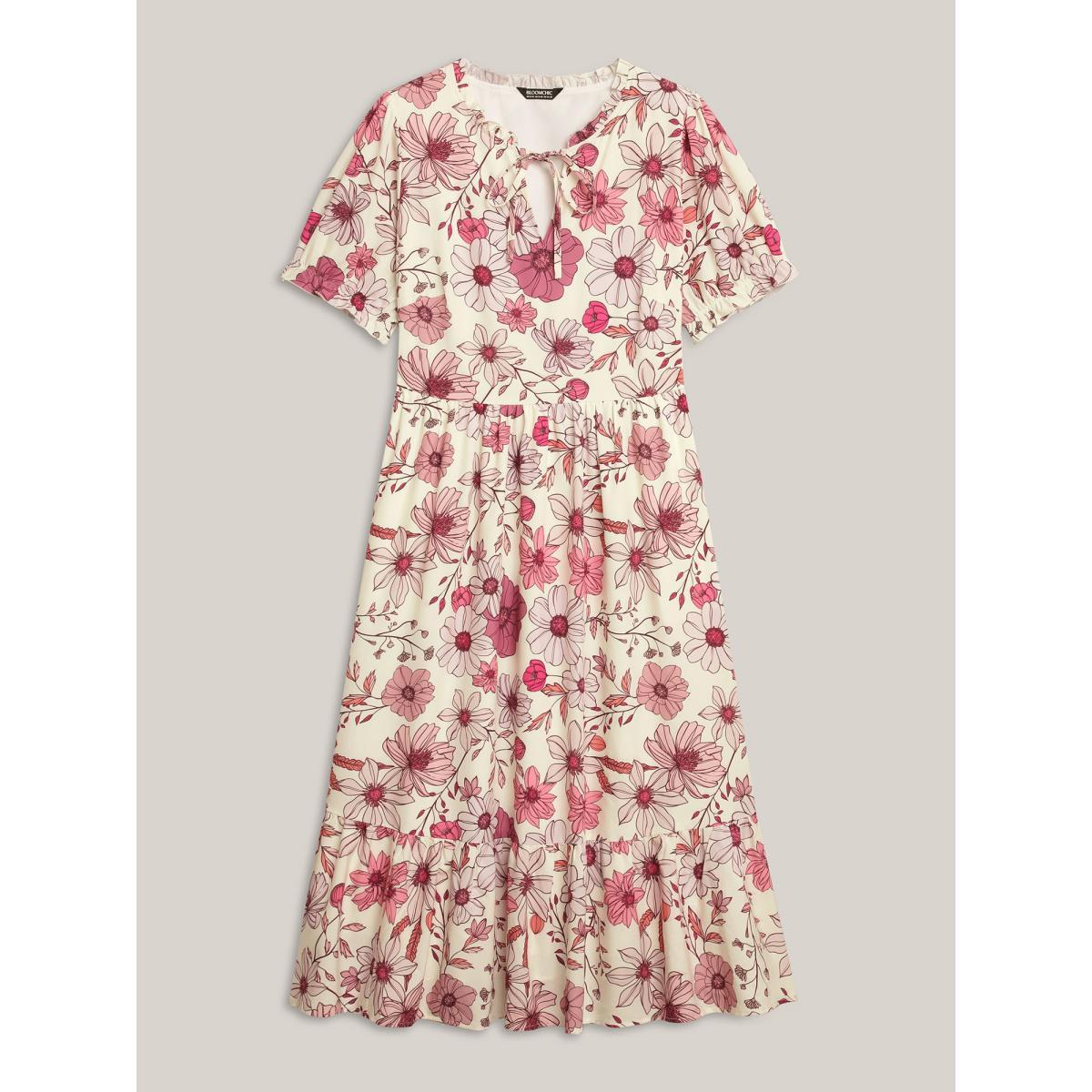 Plus Size Floral Print Neck Tie Tiered Maxi Dress Blush Women Flat collar with V-notch Short sleeve Curvy BloomChic 14-16/1X Product Image