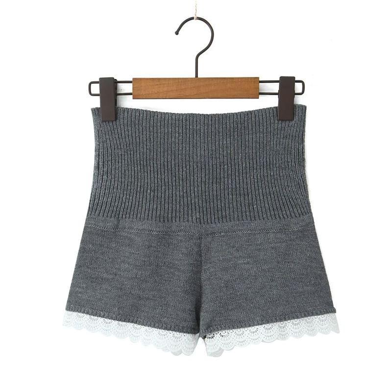 V-Neck Plain Lace Trim Cardigan / High Waist Knit Hot Pants Product Image