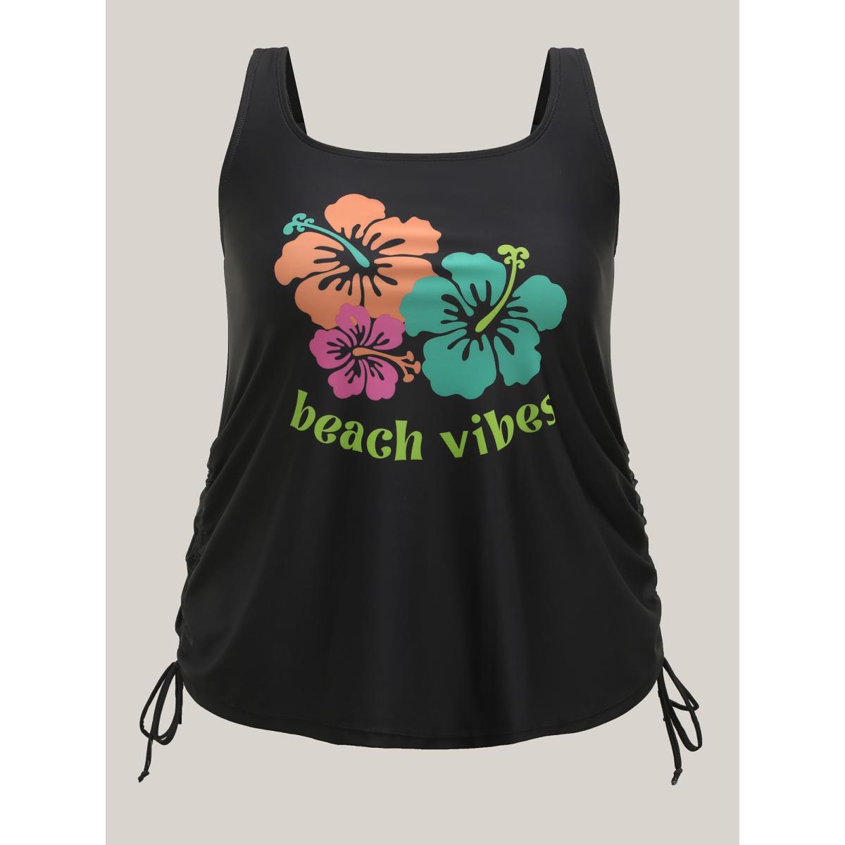 Plus Size Beachy Vibes Drawstring U-Neck Swim Top Women's Swimwear Black Beach Drawstring High stretch Bodycon U-neck Curve Swim Tops BloomChic 18-20/2X Product Image