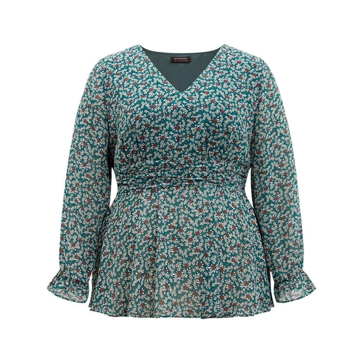 Plus Size DarkGreen Chiffon Ditsy Floral Elastic Waist Ruffle Hem Blouse Women Elegant Long Sleeve V-neck Everyday Blouses BloomChic 26/4X Product Image