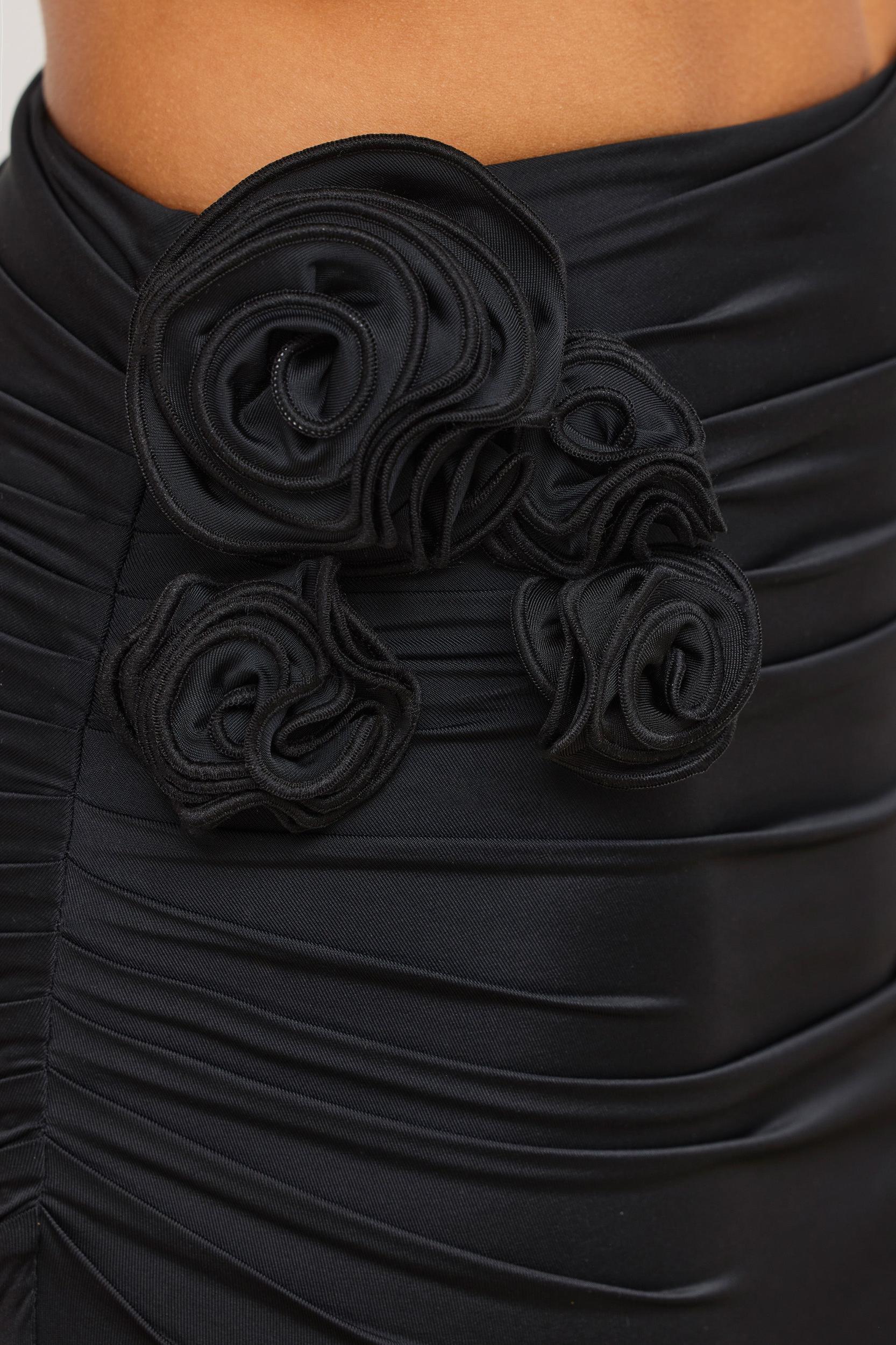 Slinky Jersey Rose Detail Mid-Rise Maxi Skirt in Black Product Image