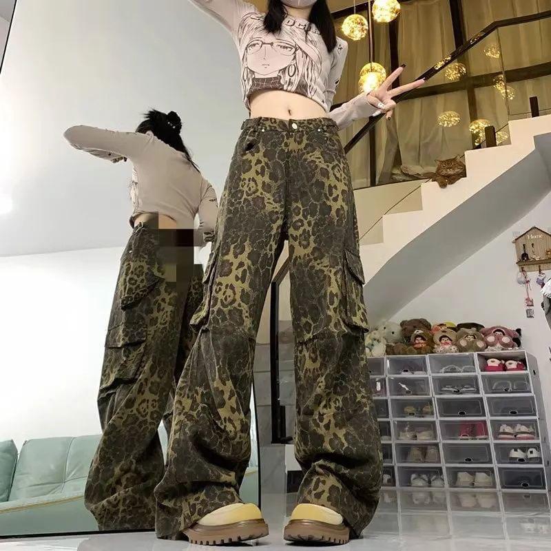 Low Waist Leopard Print Wide Leg Cargo Pants Product Image