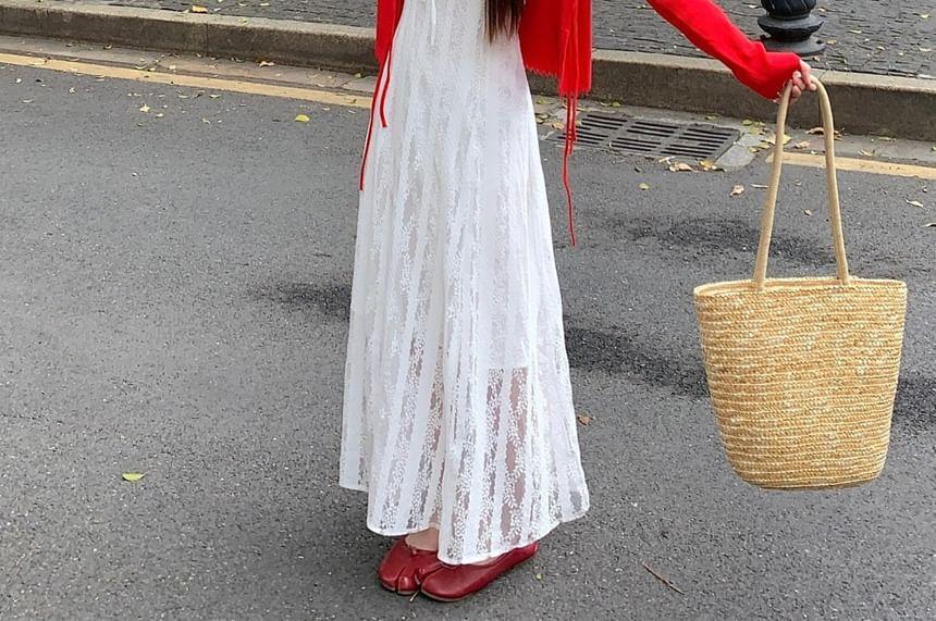 Spaghetti Strap Plain Tie Front Lace Maxi A-Line Dress / Round Neck Plain Cardigan Product Image