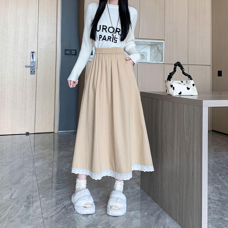 High Waist Lace Panel Midi A-Line Skirt Product Image