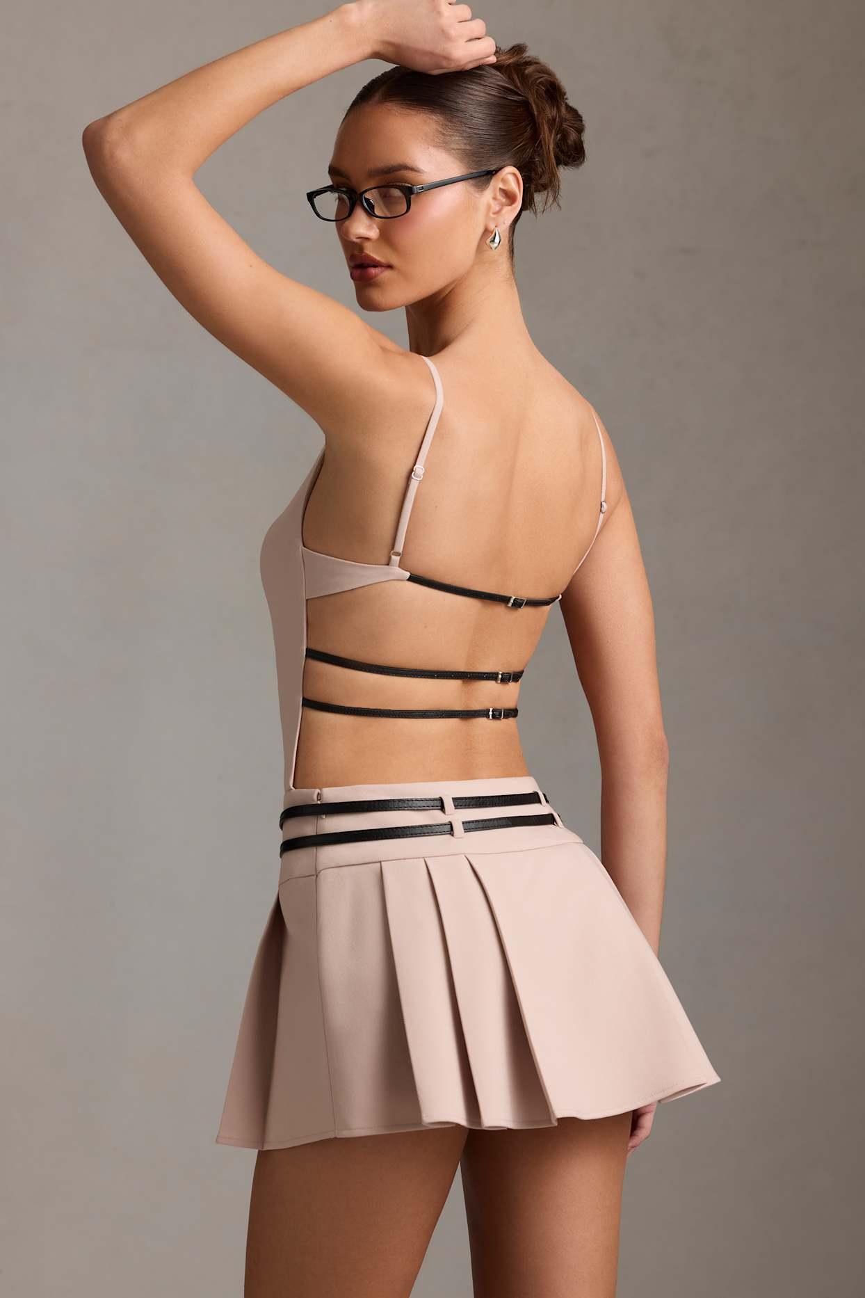 Belted Backless Pleated Mini Dress in Mushroom Product Image