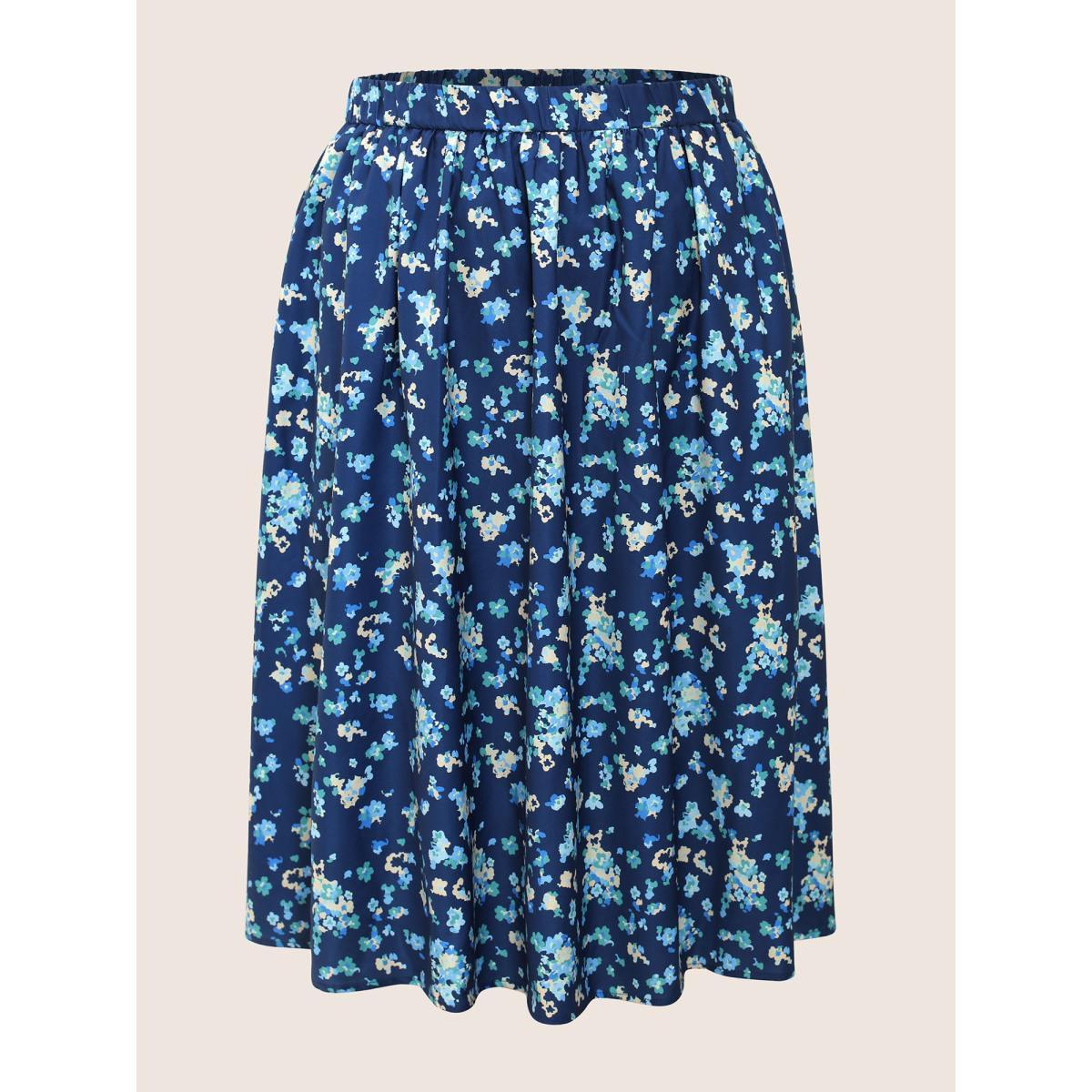 Plus Size Ditsy Floral Print Elastic Waist Pocket Midi Skirt Women Aegean Elegant Non No stretch Slanted pocket Everyday Skirts BloomChic 30/6X Product Image