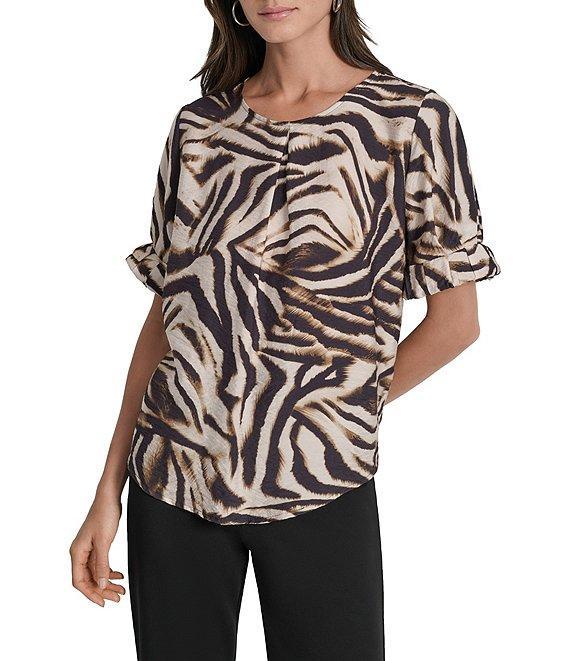 DKNY by Donna Karan Blurred Zebra Print Crew Neck Rolled Puff Sleeve Blouse Product Image