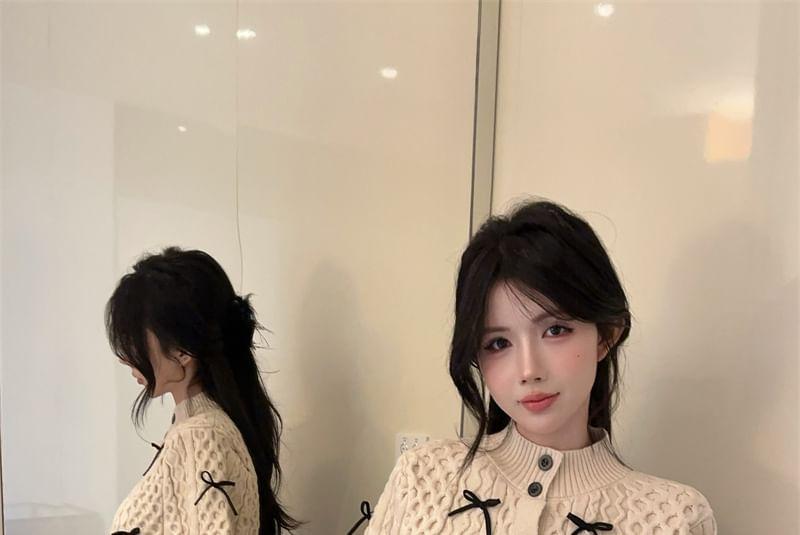Set: Stand Collar Bow Cable Knit Button Capelet + Long Sleeve Ribbed Knit Top Product Image