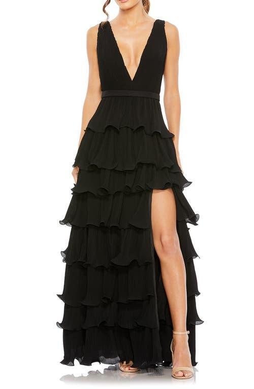 Mac Duggal Deep V-Neck Sleeveless Ruffle Tiered Thigh High Slit Gown Product Image