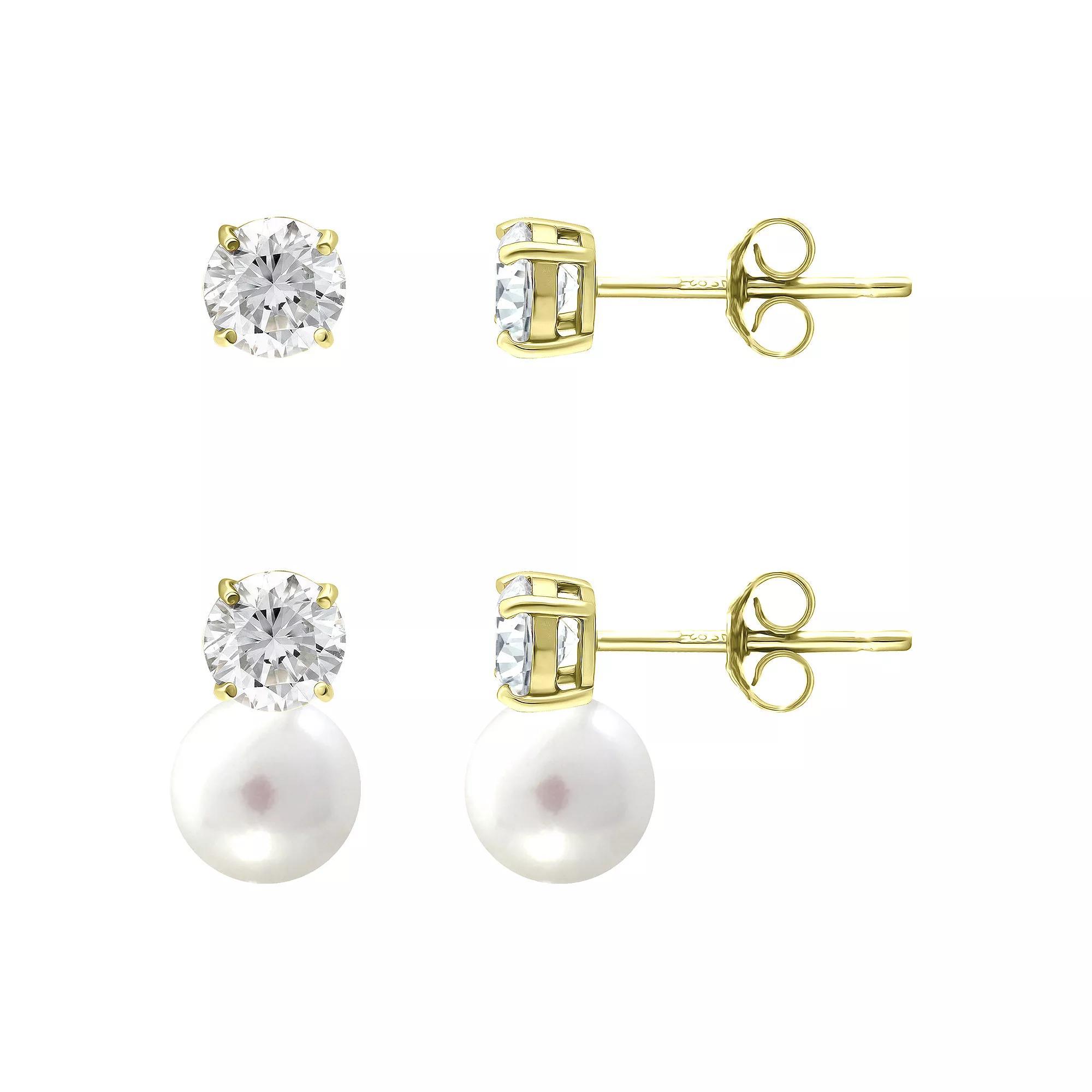 Aleure Precioso 18k Gold Over Silver 2 Pair Cubic Zirconia & Freshwater Cultured Pearl Stud Earrings Set, Women's, Gold Tone White Product Image