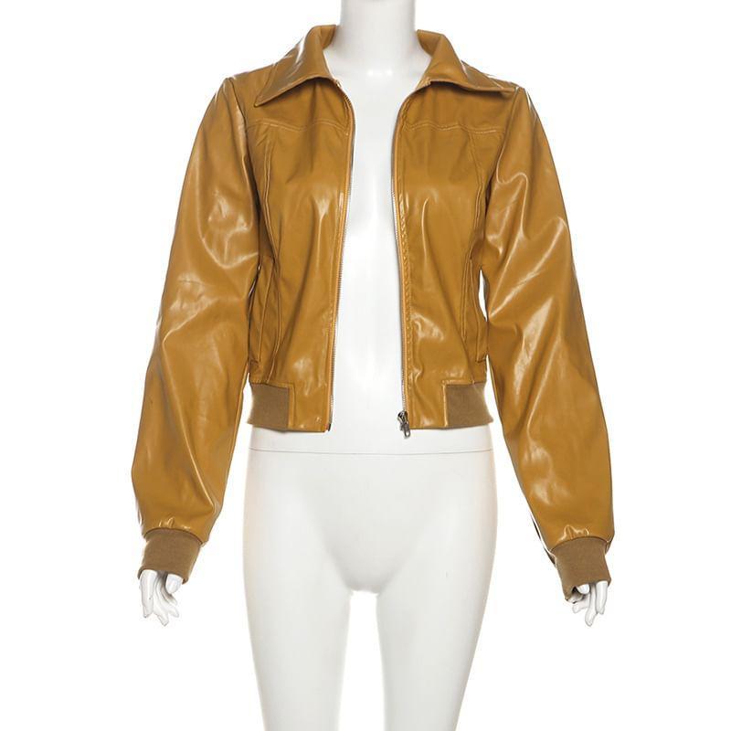 Collared Plain Panel Faux Leather Zip Jacket Product Image