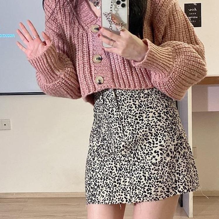 Set: V-Neck Plain Ribbed Cropped Cardigan + High Rise Leopard Print Mini Pencil Skirt Product Image